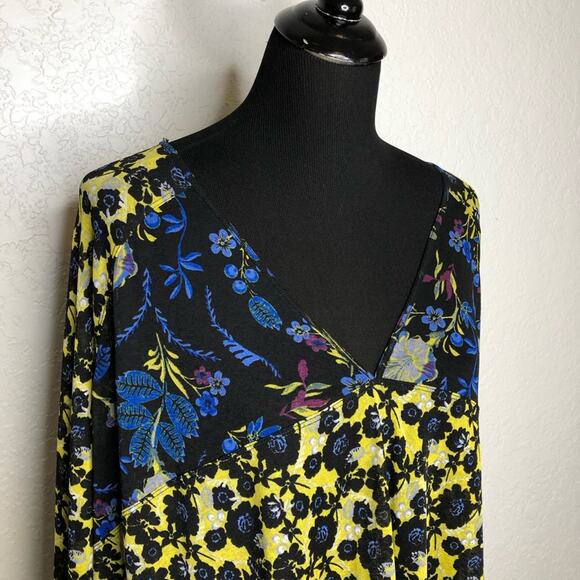 Free People Isabelle black blue yellow floral sheer v neck tunic top size Small - Picture 3 of 16
